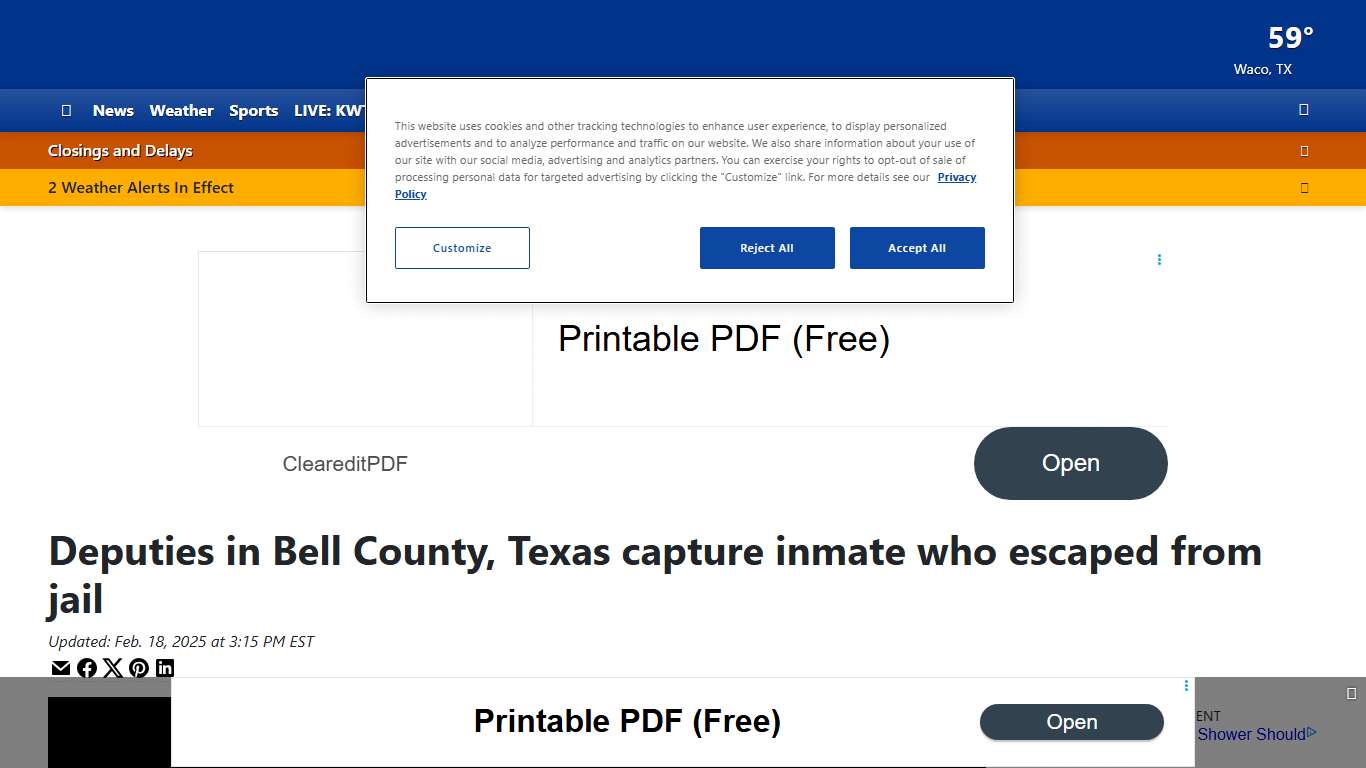 Deputies in Bell County, Texas capture inmate who escaped from jail