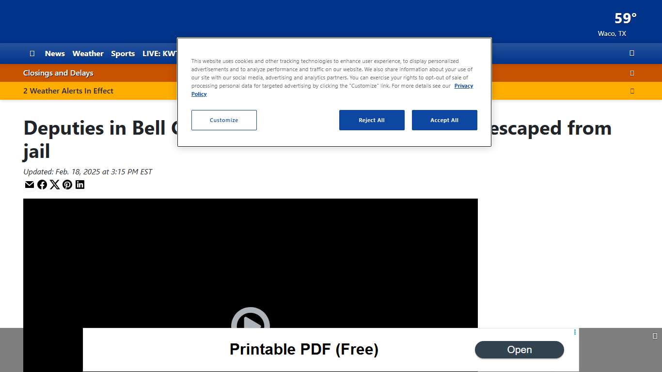 Deputies in Bell County, Texas capture inmate who escaped from jail
